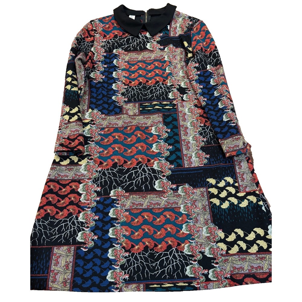Shuliya dress black multi color botanical print long sleeve gold zip womens' 12